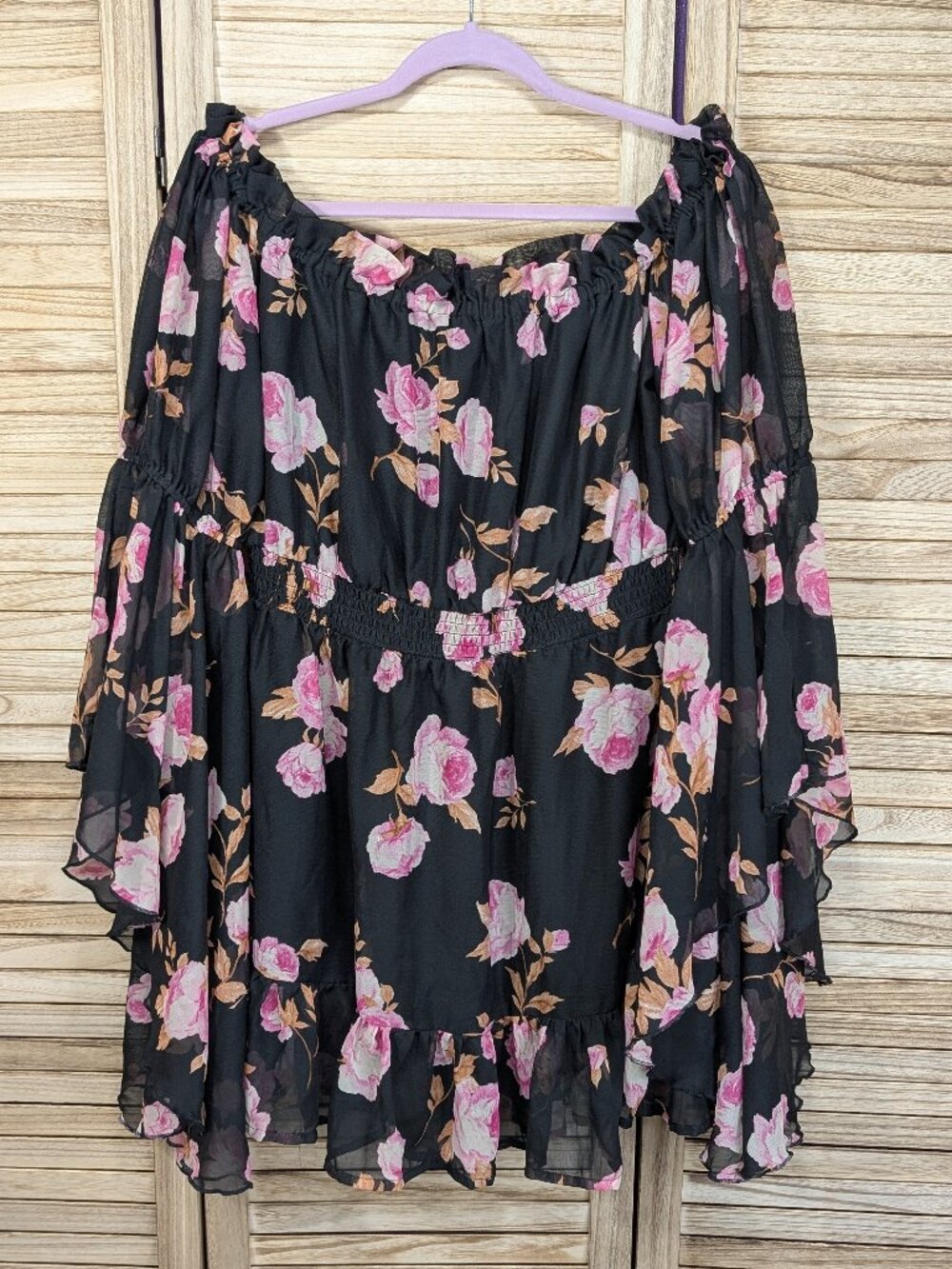 Truly 4 You Black Floral Off-Shoulder Bell-Sleeve Dress/Tunic Pink Roses XL